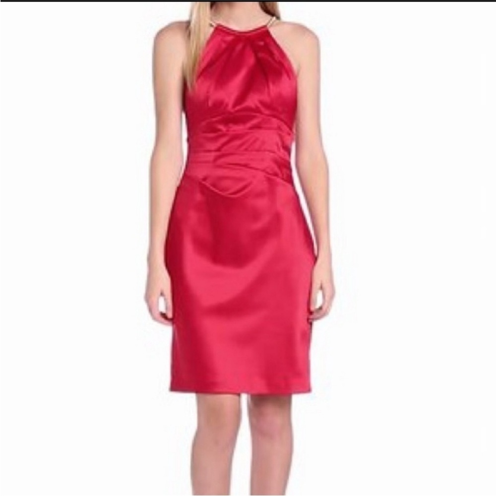 Eliza J Red Satin Cocktail Dress Gold Chain Halter Neck Pleated‎ Size 10